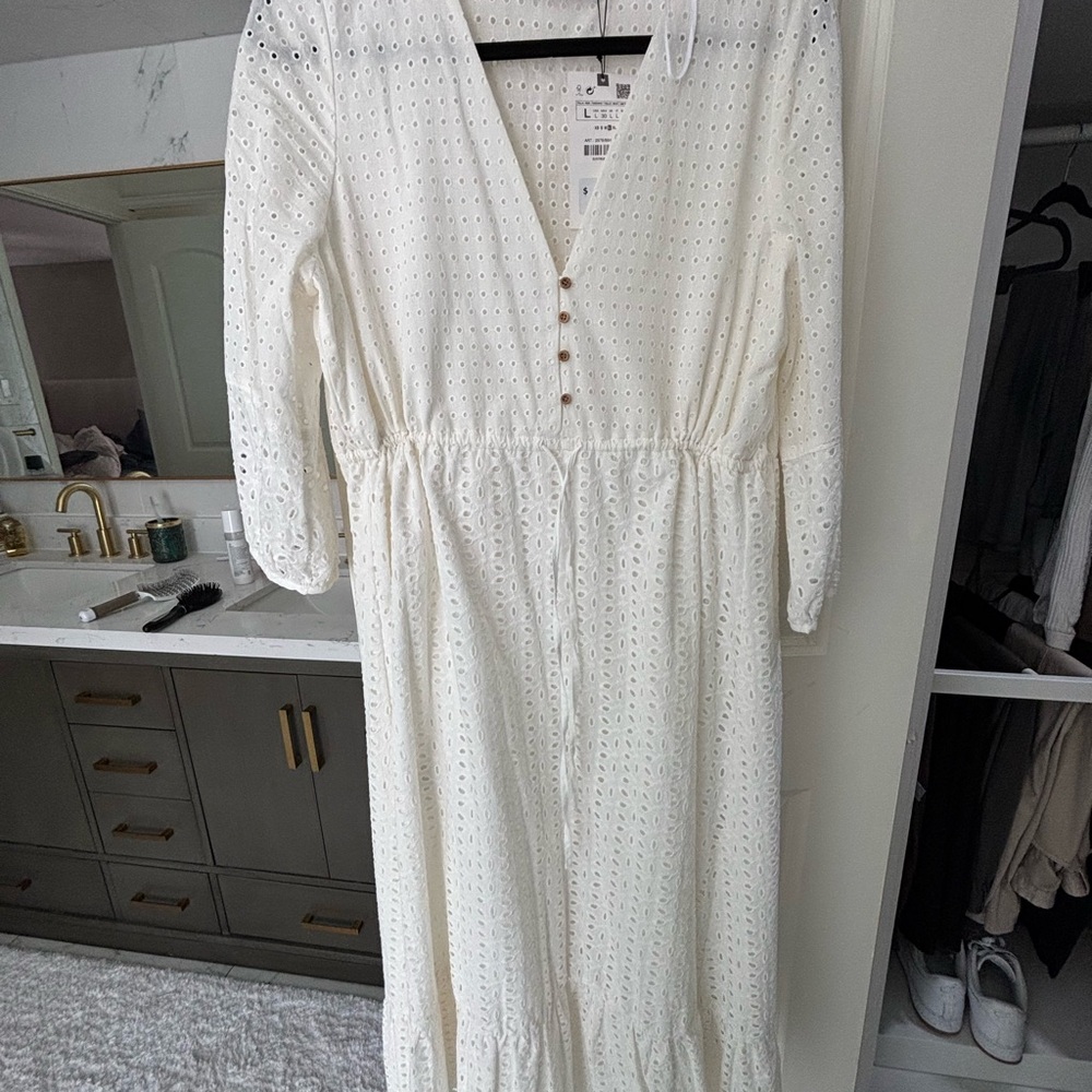 Zara White V-Neck Bishop Sleeve Sundress